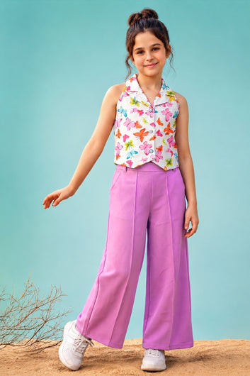 Girls White Butterfly Printed Halter Neck Top and Purple Palazzo Set Trendy Girls Co Ords Set Stylish Girls Apparel Combo for Kids Summer Trends