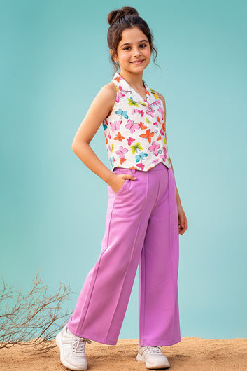 Girls White Butterfly Printed Halter Neck Top and Purple Palazzo Set Trendy Girls Co Ords Set Stylish Girls Apparel Combo for Kids Summer Trends
