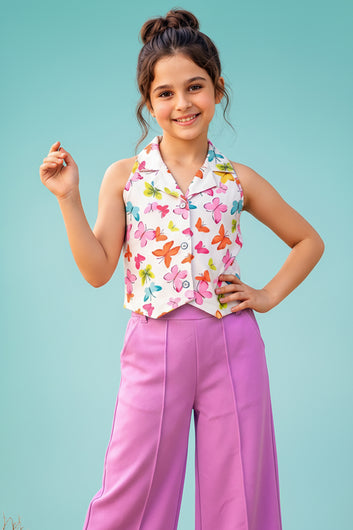 Girls White Butterfly Printed Halter Neck Top and Purple Palazzo Set Trendy Girls Co Ords Set Stylish Girls Apparel Combo for Kids Summer Trends