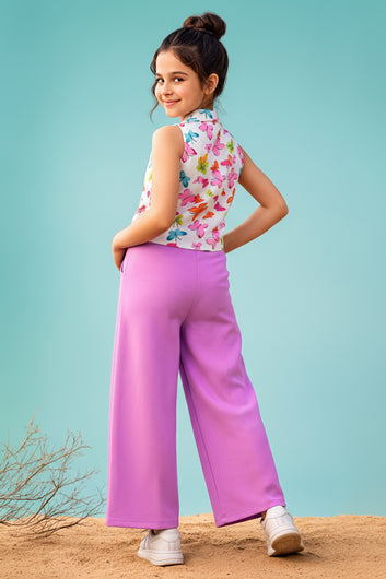 Girls White Butterfly Printed Halter Neck Top and Purple Palazzo Set Trendy Girls Co Ords Set Stylish Girls Apparel Combo for Kids Summer Trends