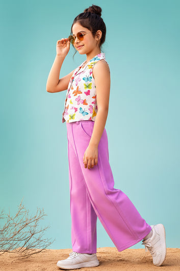 Girls White Butterfly Printed Halter Neck Top and Purple Palazzo Set Trendy Girls Co Ords Set Stylish Girls Apparel Combo for Kids Summer Trends