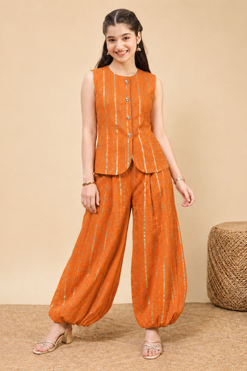 Girls Orange Cotton Striped Top and Ballon Pant Set Trendy Kids Party Set