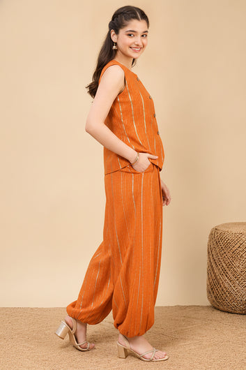 Girls Orange Cotton Striped Top and Balloon Pant Set Trendy Kids Party Set