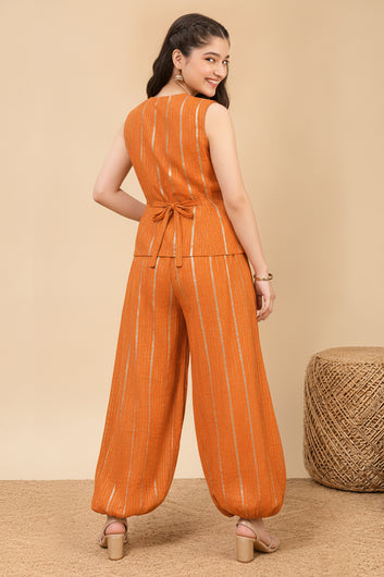 Girls Orange Cotton Striped Top and Balloon Pant Set Trendy Kids Party Set