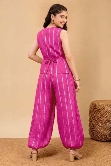 Girls Pink Cotton Striped Top and Balloon Pant Set Trendy Kids Casual