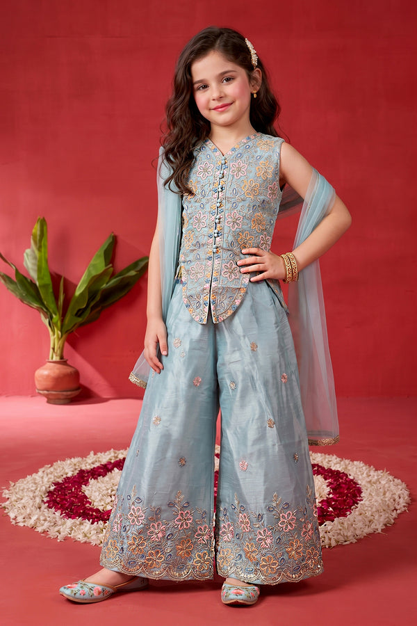 Girls Sky Blue Silk Blend Embroidered Top and Palazzo with Dupatta Set For Ethnic Look
