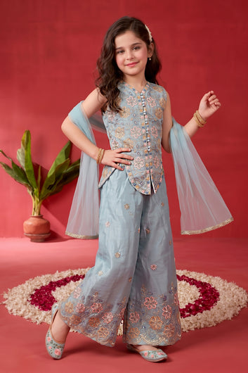 Girls Sky Blue Silk Blend Embroidered Top and Palazzo with Dupatta Set For Ethnic Look
