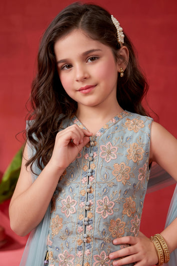 Girls Sky Blue Silk Blend Embroidered Top and Palazzo with Dupatta Set For Ethnic Look
