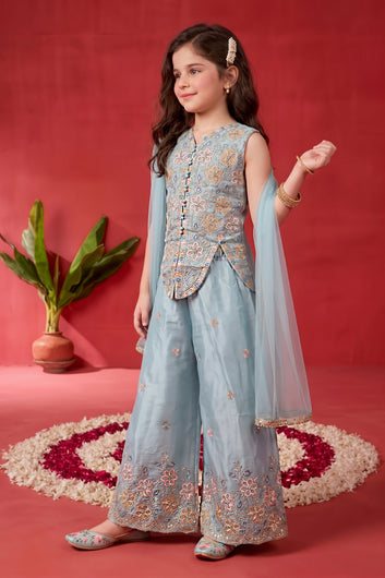 Girls Sky Blue Silk Blend Embroidered Top and Palazzo with Dupatta Set For Ethnic Look