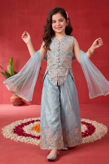 Girls Sky Blue Silk Blend Embroidered Top and Palazzo with Dupatta Set For Ethnic Look
