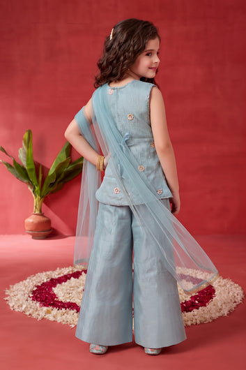 Girls Sky Blue Silk Blend Embroidered Top and Palazzo with Dupatta Set For Ethnic Look