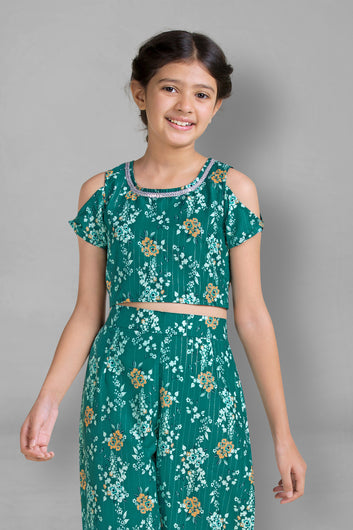 Girls Green Ethnic Wear Polyester Blend Fabric Casual Crop Top with Pant Set