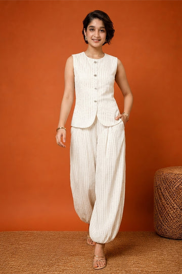 Girls Off-white Cotton Striped Top and Balloon Pant Set Trendy Kids Co-Ords Set