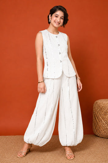 Girls off white Cotton Striped Top and Balloon Pant Set Trendy Kids Summer Trend