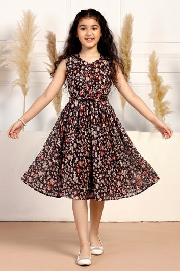 Girls Brown Zari Georgette Floral Printed Fit & Flare Calf Length Dress