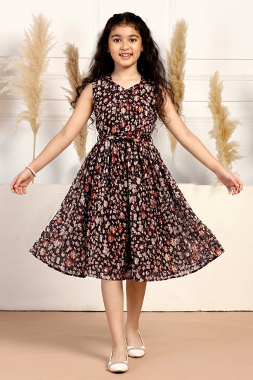 Girls Brown Zari Georgette Floral Printed Fit & Flare Calf Length Dress