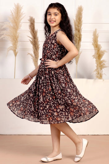 Girls Brown Zari Georgette Floral Printed Fit & Flare Calf Length Dress