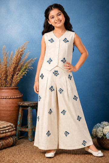 Girls Off white Cotton Blend Butteryfly Embroidered Crop Top and Palazzo Trendy Co-ords Set