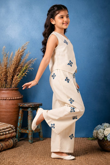 Girls Off white Cotton Blend Butteryfly Embroidered Crop Top and Palazzo Trendy Co-ords Set