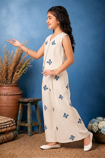 Girls Off white Cotton Blend Butteryfly Embroidered Crop Top and Palazzo Trendy Co-ords Set