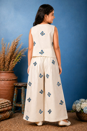 Girls Off white Cotton Blend Butteryfly Embroidered Crop Top and Palazzo Trendy Co-ords Set