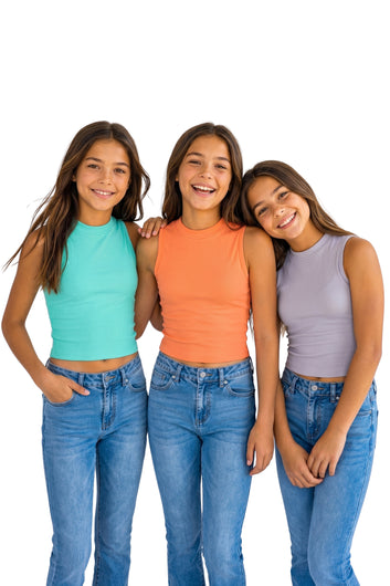 Girls Muticolor Rib Solid, Crew Neck 3-Piece Crop Top Girls Causal Top