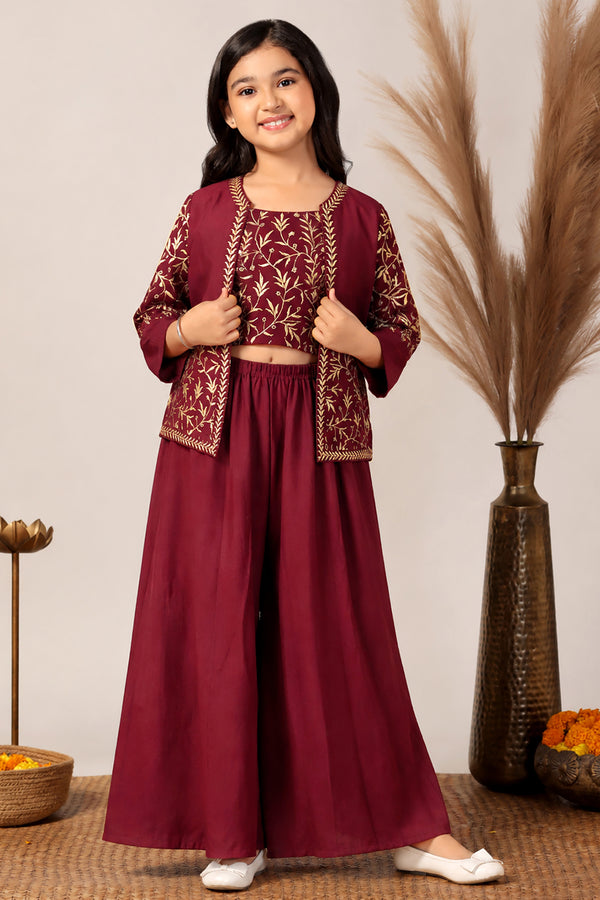 Girls Maroon Silk Blend Embroidered Crop Top with Jacket and Palazzo Girls Ethnic set