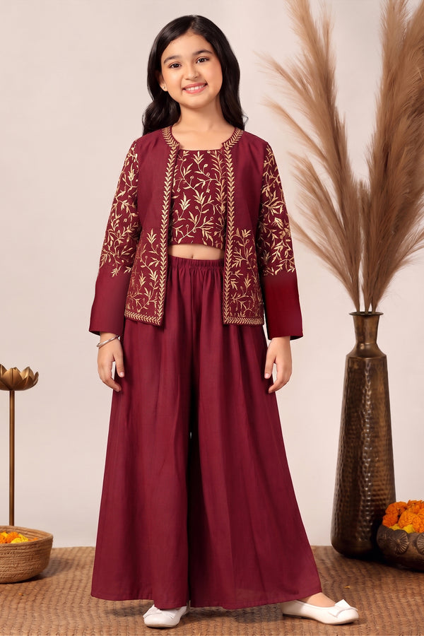 Girls Maroon Silk Blend Embroidered Crop Top with Jacket and Palazzo Girls Ethnic set