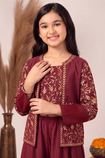Girls Maroon Silk Blend Embroidered Crop Top with Jacket and Palazzo Girls Ethnic set