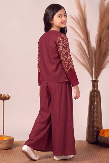 Girls Maroon Silk Blend Embroidered Crop Top with Jacket and Palazzo Girls Ethnic set