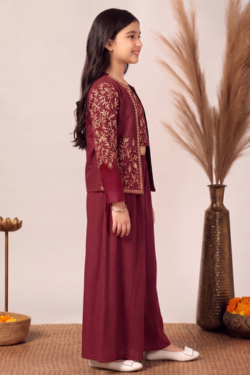 Girls Maroon Silk Blend Embroidered Crop Top with Jacket and Palazzo Girls Ethnic set