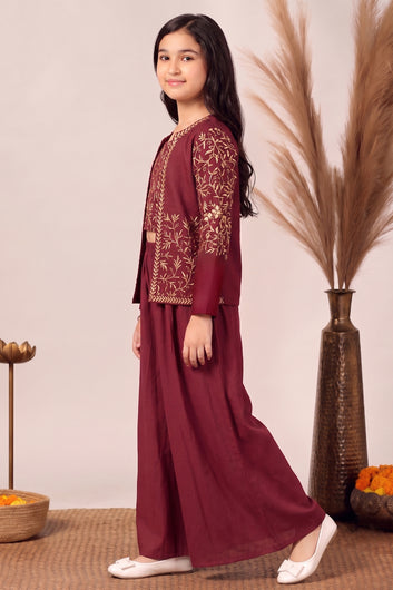 Girls Maroon Silk Blend Embroidered Crop Top with Jacket and Palazzo Girls Ethnic set