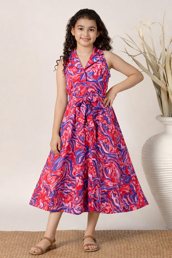 Girls Multicolor  Cotton Blend Abstact Printed Midi Dress