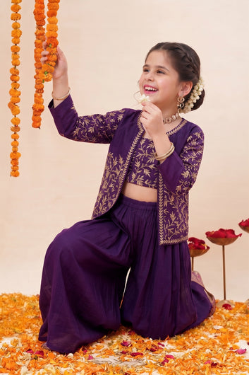 Girls Dark Purple Silk Blend Embroidered Crop Top and Palazzo with Jacket for Ethnic Look
