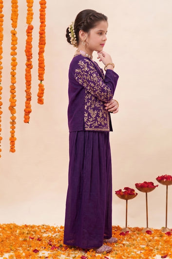 Girls Dark Purple Silk Blend Embroidered Crop Top and Palazzo with Jacket for Ethnic Look