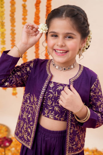 Girls Dark Purple Silk Blend Embroidered Crop Top and Palazzo with Jacket for Ethnic Look