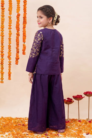 Girls Dark Purple Silk Blend Embroidered Crop Top and Palazzo with Jacket for Ethnic Look