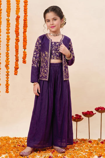 Girls Dark Purple Silk Blend Embroidered Crop Top and Palazzo with Jacket for Ethnic Look