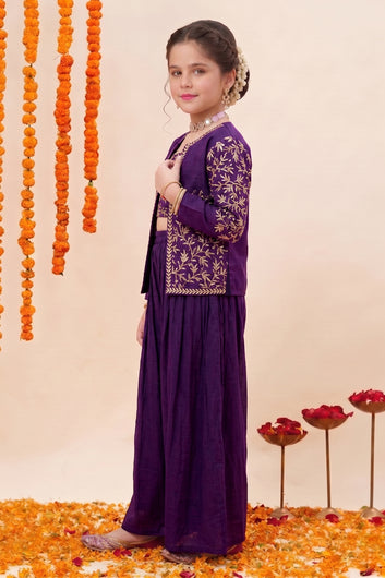 Girls Dark Purple Silk Blend Embroidered Crop Top and Palazzo with Jacket for Ethnic Look