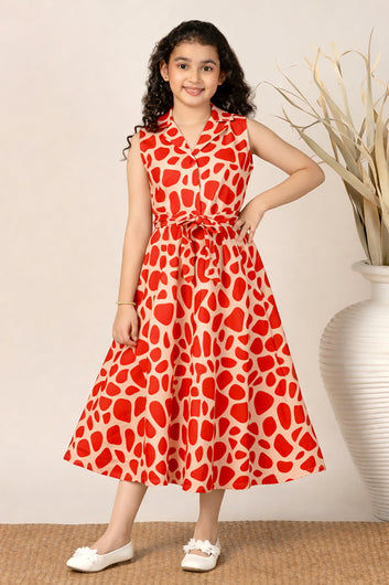 Girls Orange Printed A-Line Midi Dress