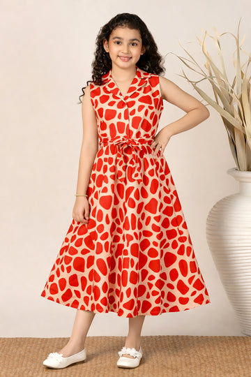 Girls Orange Printed A-Line Midi Dress