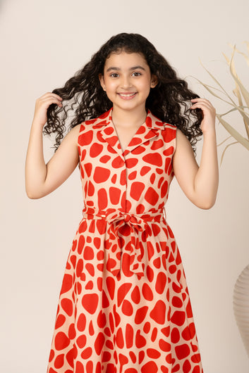 Girls Orange Printed A-Line Midi Dress