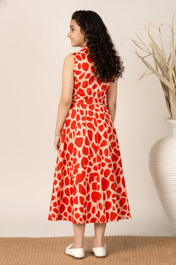 Girls Orange Printed A-Line Midi Dress
