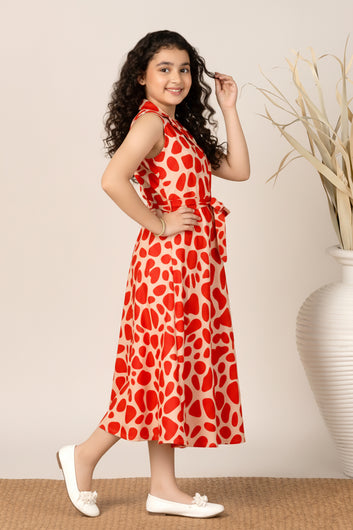 Girls Orange Printed A-Line Midi Dress