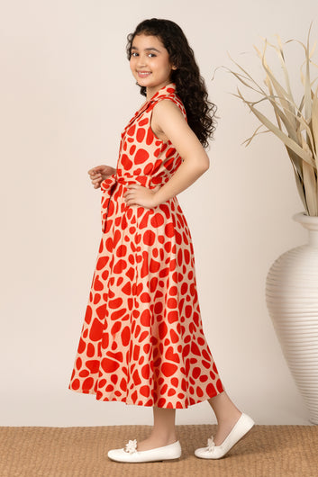 Girls Orange Printed A-Line Midi Dress
