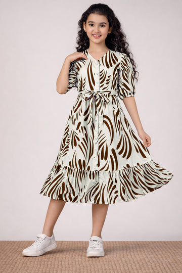 Girl's Coffee Rayon Printed Midi Dress