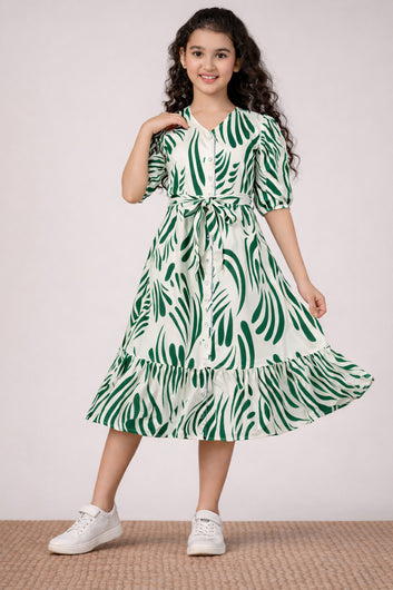 Girl's Green Rayon Printed Midi Dress