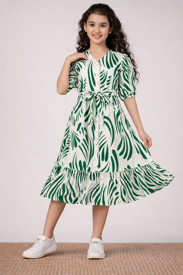 Girl's Green Rayon Printed Midi Dress