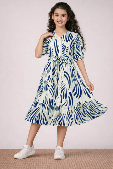 Girl's Blue Rayon Printed Midi Dress