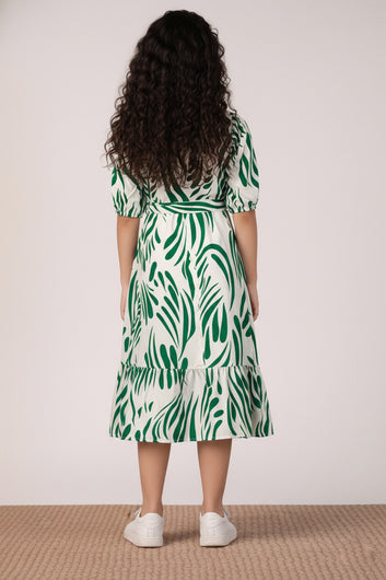 Girl's Green Rayon Printed Midi Dress